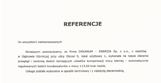 Referencje i polecenia - potwierdzenia jakości - ORKANUM - ENERGIA