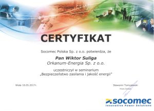 Certyfikaty i zaświadczenia - kompetencje pracowników - ORKANUM ENERGIA
