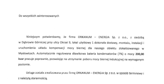 Referencje i polecenia - potwierdzenia jakości - ORKANUM - ENERGIA