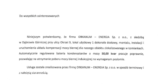 Referencje i polecenia - potwierdzenia jakości - ORKANUM - ENERGIA