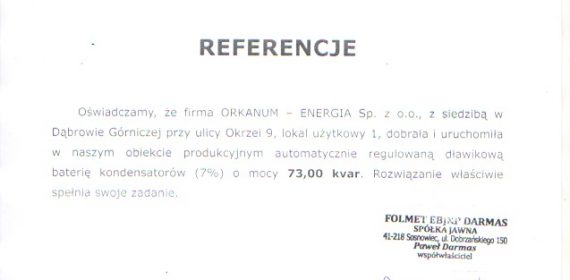 Referencje i polecenia - potwierdzenia jakości - ORKANUM - ENERGIA